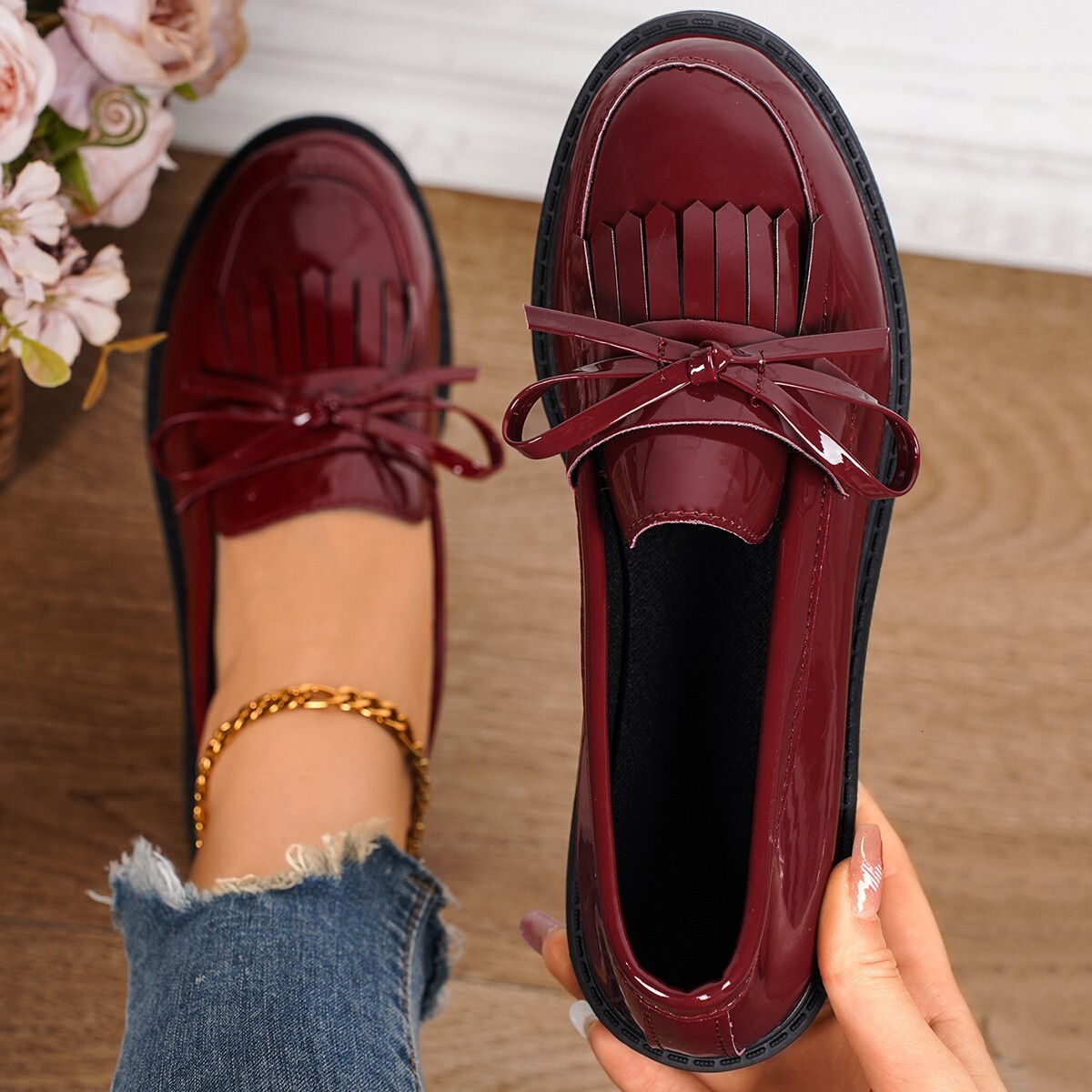 Cross-Border Plus Size Loafers 2024 Spring and Autumn New Patent Leather Bow Mary Jane Casual Shoes for Women ddmypanda