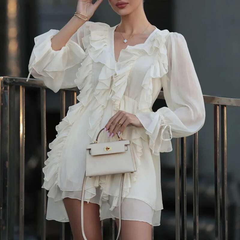 Women's Fashion Long Sleeves Ruffled Lace-Up Female V-Neck White Dresses Spring New Items 33A3756