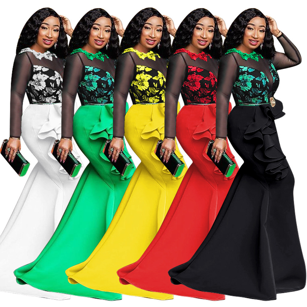 2025 New Plus Size Dress Womens Lace Mesh Transparent Ruffle Edge Dress