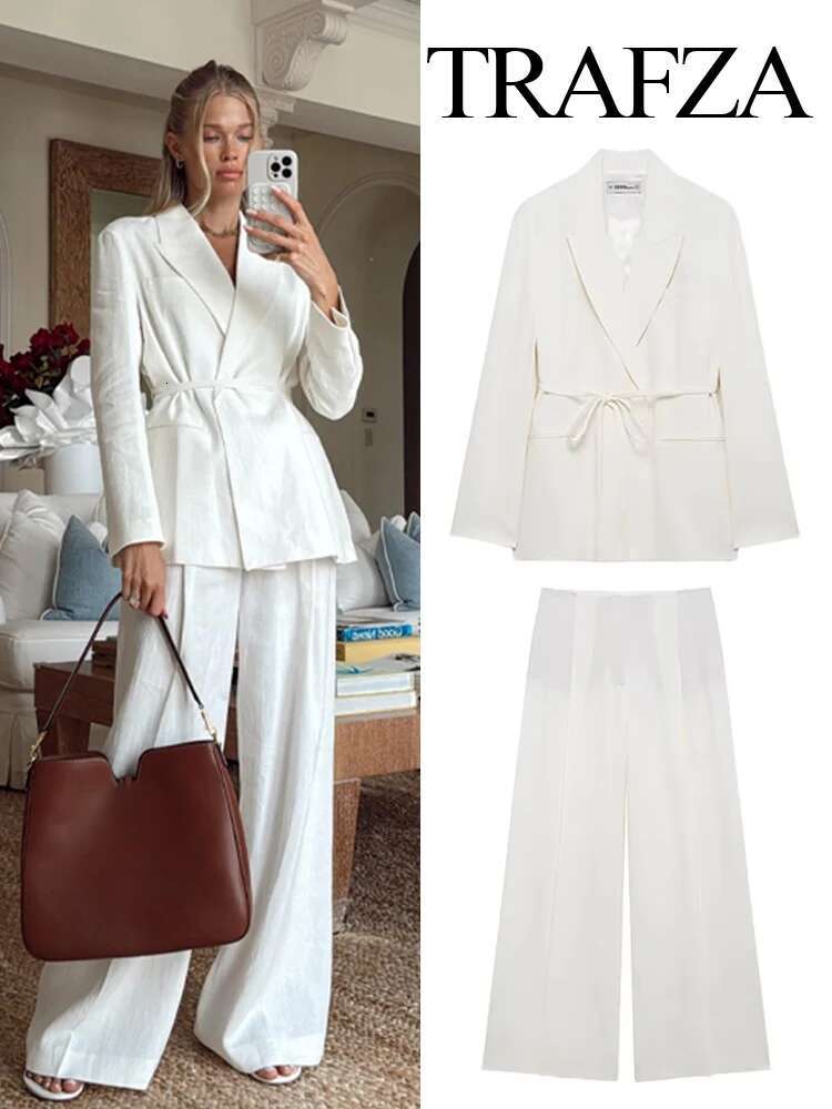 Women's Suits White Turn-Down Collar Sleeves Lace-Up Blazers+High Waist Zipper Long Pants Female Spring Fashion Sets