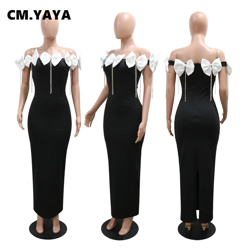 CM. YAYA Womens Bow Tassel Slant Neck Long Dress Autumn/Winter Sexy Birthday Party Street Long Dress Vestidos 250402