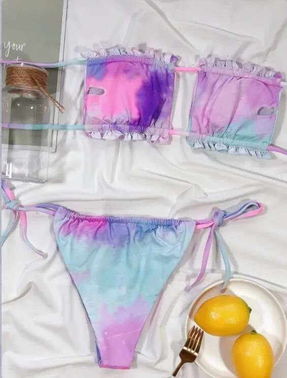 Purple Bikini Sexy Ruffle Hollow Out Women 2 Piece Swimsuit Off-shoulder High Waist Thong Bathing Suit Beach Swimwear XMQC1977