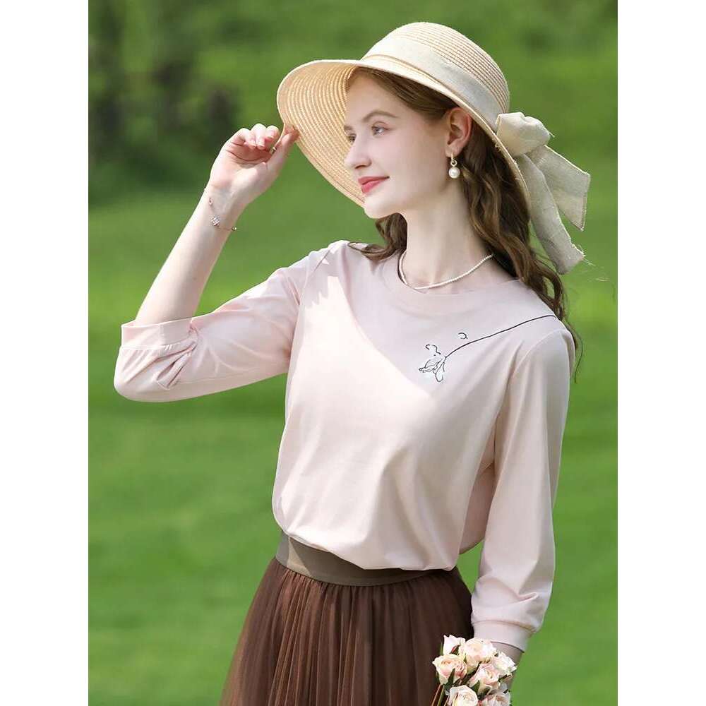 T-Shirts For Women Autumn New Graphic Gentle Embroidery Three Quarter Sleeve Chic Base Clothing