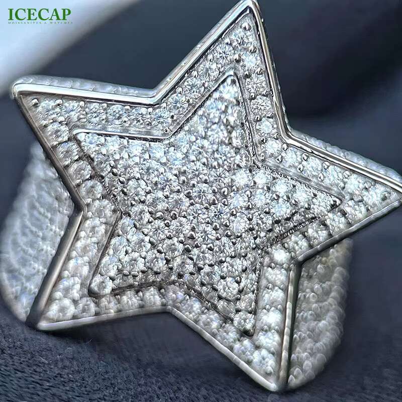 925 Sterling Silver 3D Mens Hip Hop Ring VVS Moissanite Iced Crystal Pentagram Stars Baguette Shape Unisex Rhodium Anniversary