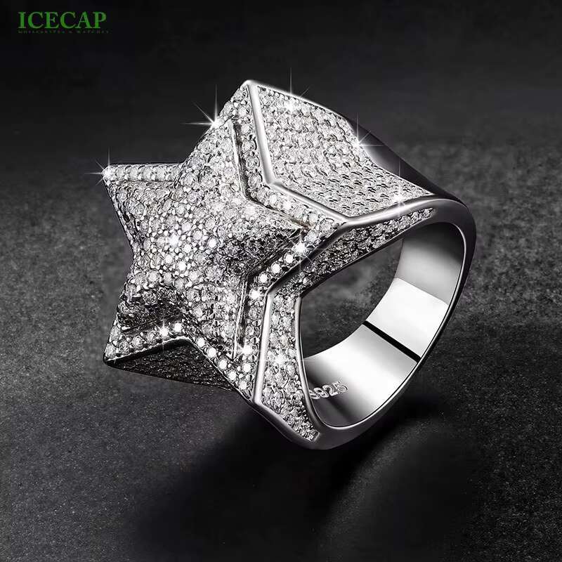 Hip Hop Style 925 Silver Rings Star Shape Pass the Diamond Test 1.5mm Round Moissanite Ring
