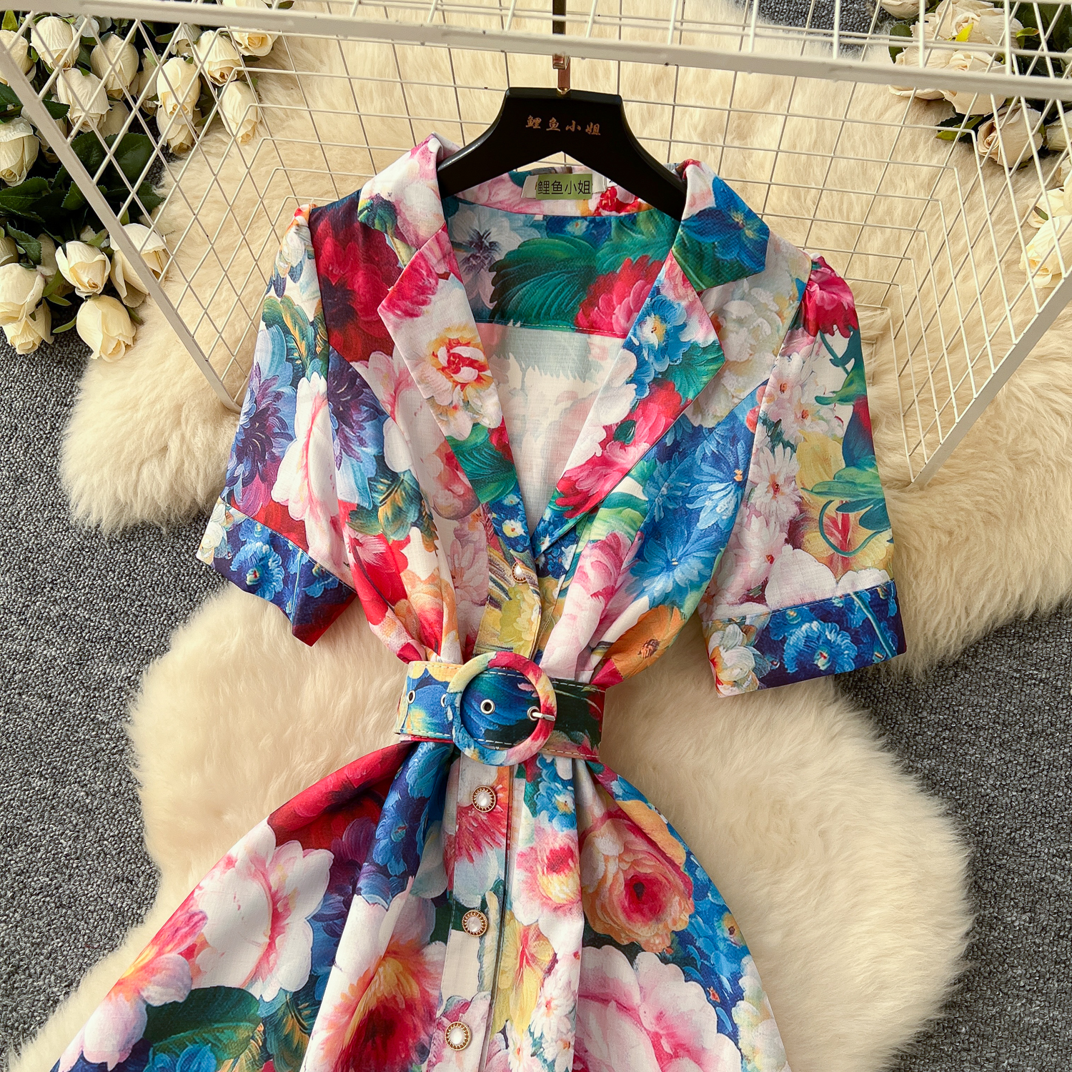 2025 Casual Dresses Summer Gorgeous Flower Runway Dress Women's Notched Short Sleeve Pearl Buttons Down Floral Print Belt A-Line Long Maxi Vestid