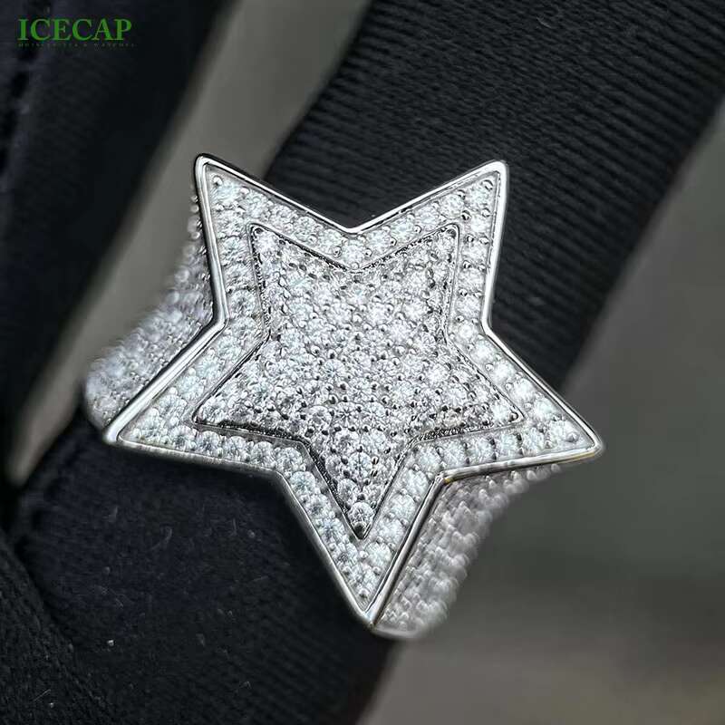 Hip Hop Style 925 Silver Rings Star Shape Pass the Diamond Test 1.5mm Round Moissanite Ring
