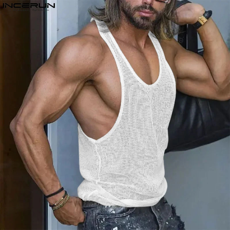 INCERUN Mens Tank Top Mesh Transparent O-Neck Sleeveless Sexy Street Vest Summer Breathable Mens Clothing S-5XL 250403