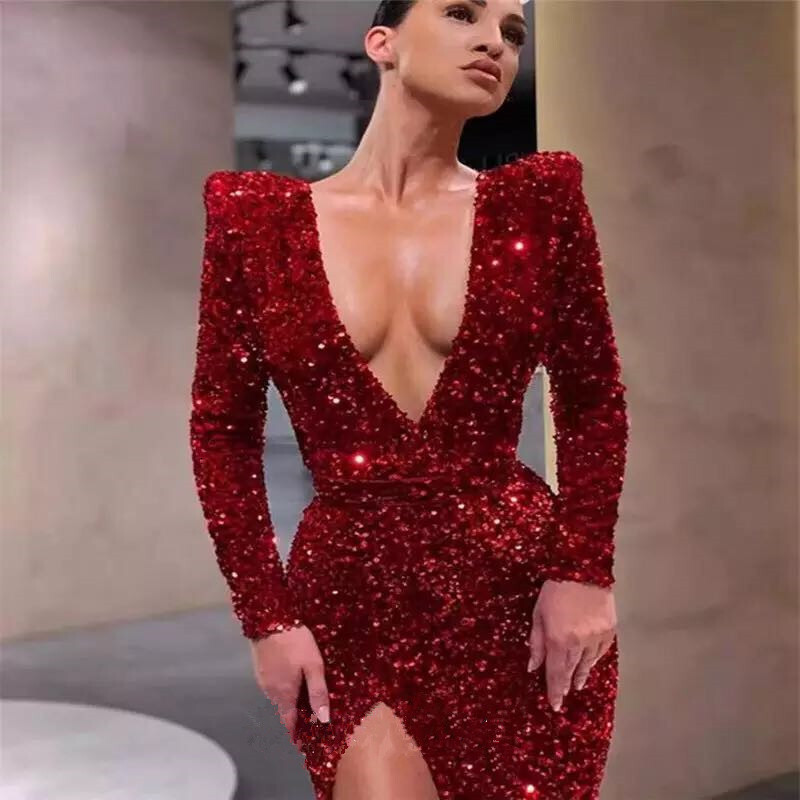 2025 Womens Sexy Deep V-long Sleeved Slim Sequined Dress with Slit Skirt Ins
