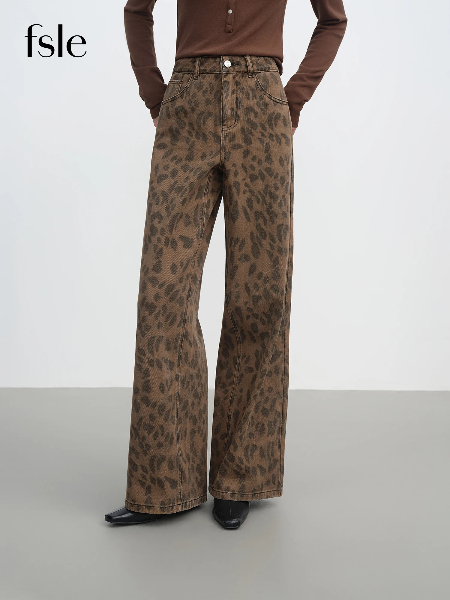 FSLE Womens Jeans Chic Brown Straight Leg Pants Cotton Washed Denim High Waist Tummy Control Slim Fit Casual Trousers Z260313