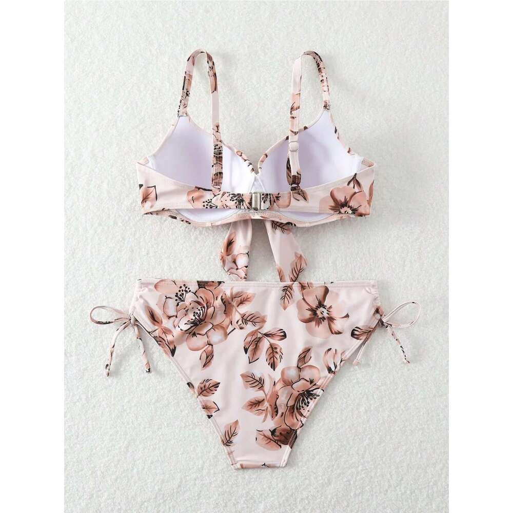 Women's wer Print Two Piece Swimsuit High Waist Lace-up V-neck Bikini Set Bow Suspender Backless Beach Vacation Swimwear 2024