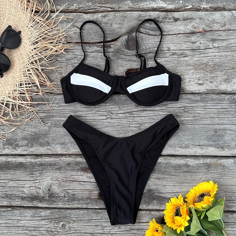 Solid Thong Brazilian Bikinis Swimwear Women Swimsuit Black White Bikini Set Bathing Suit Female Summer Beach Wear Biquini 250401