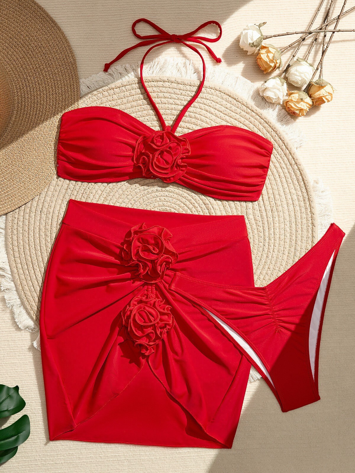 2025 New Solid Color Bikini Female Sexy Hanging Neck Split Swimsuit Three Piece Set