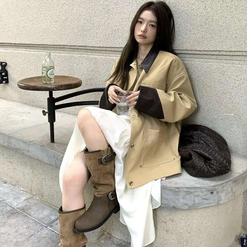 Brown Color Block Pleated Slouch for Women New Autumn Winter Long Tube Melad Designer Shoe High wide calf Boots botas para mujer