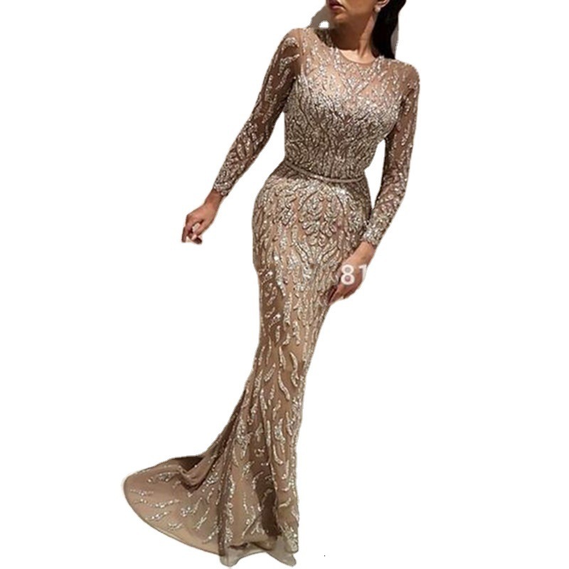 2025 New Womens Sexy Dress with Gold Sprinkled Long Sleeved Fishtail Ball Dress