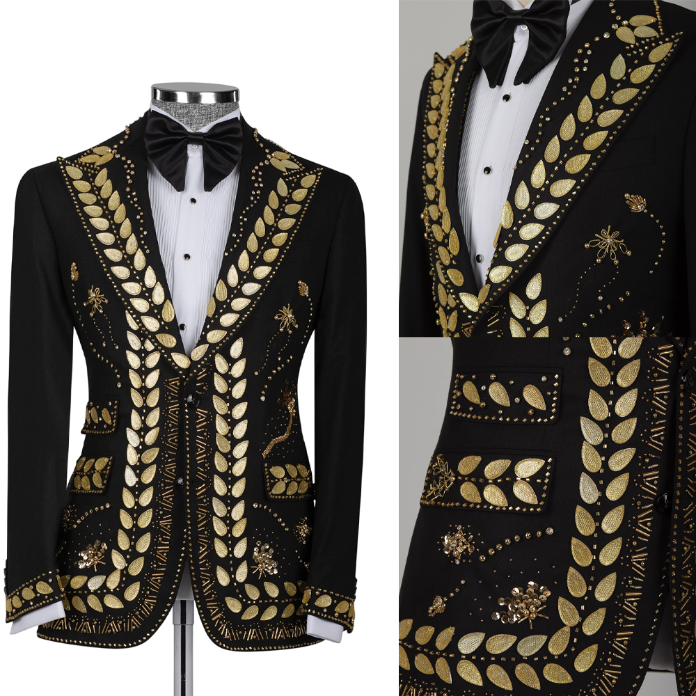 Tailor Made Men Suits 3 Pieces Crystal Beading Peaked Lapel Formal Wedding Groom Tuxedos Business Black Pants Set Customized