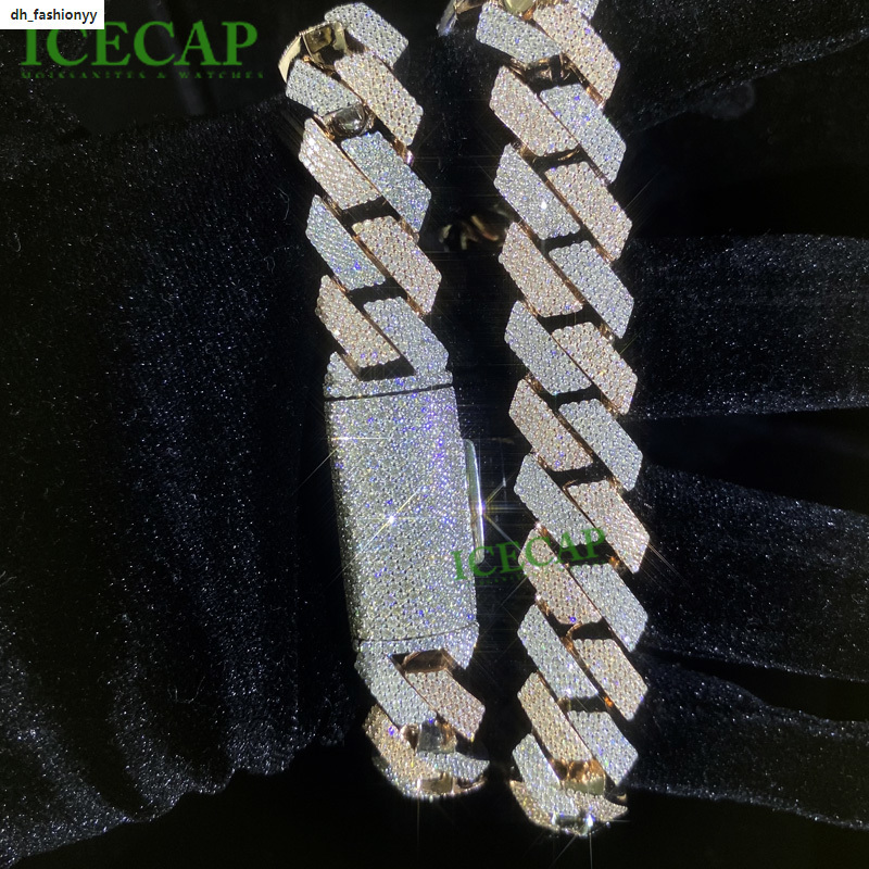 15mm Custom Two Tone Cuban Link Chain Rose Gold White Diamonds Vvs Moissanite 925 Silver Necklace Bracelet Charms Jewelry Men
