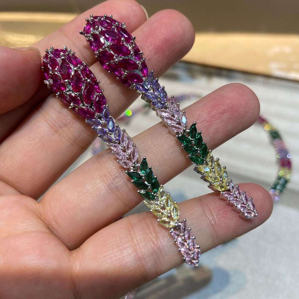 Luxurious Heavy Craft Necklaces Pink Prom Performance Mixed Color Micro Inlaid Party Dress Matching Elegant Earrings Set