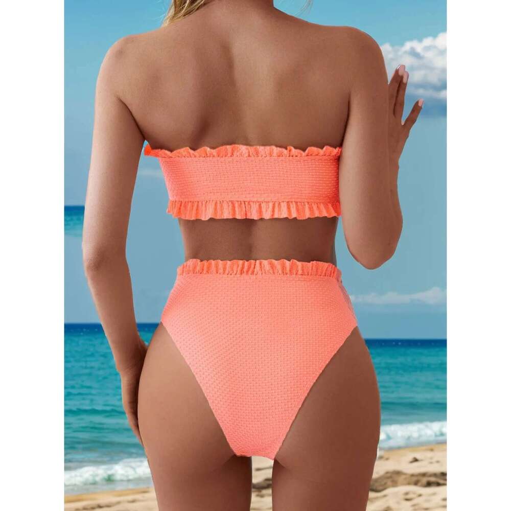 2024 Solid Color 2 Piece Swimsuit Sexy Ruffle Strapless Backless Bikini Set Beach Vacation High Waist Swimwear Bathing Suit New