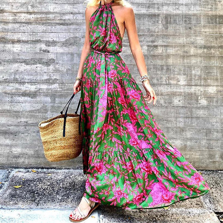 2025 Summer New Womens Hanging Neck Sexy Backless Printed Fashion Dress Sc2965