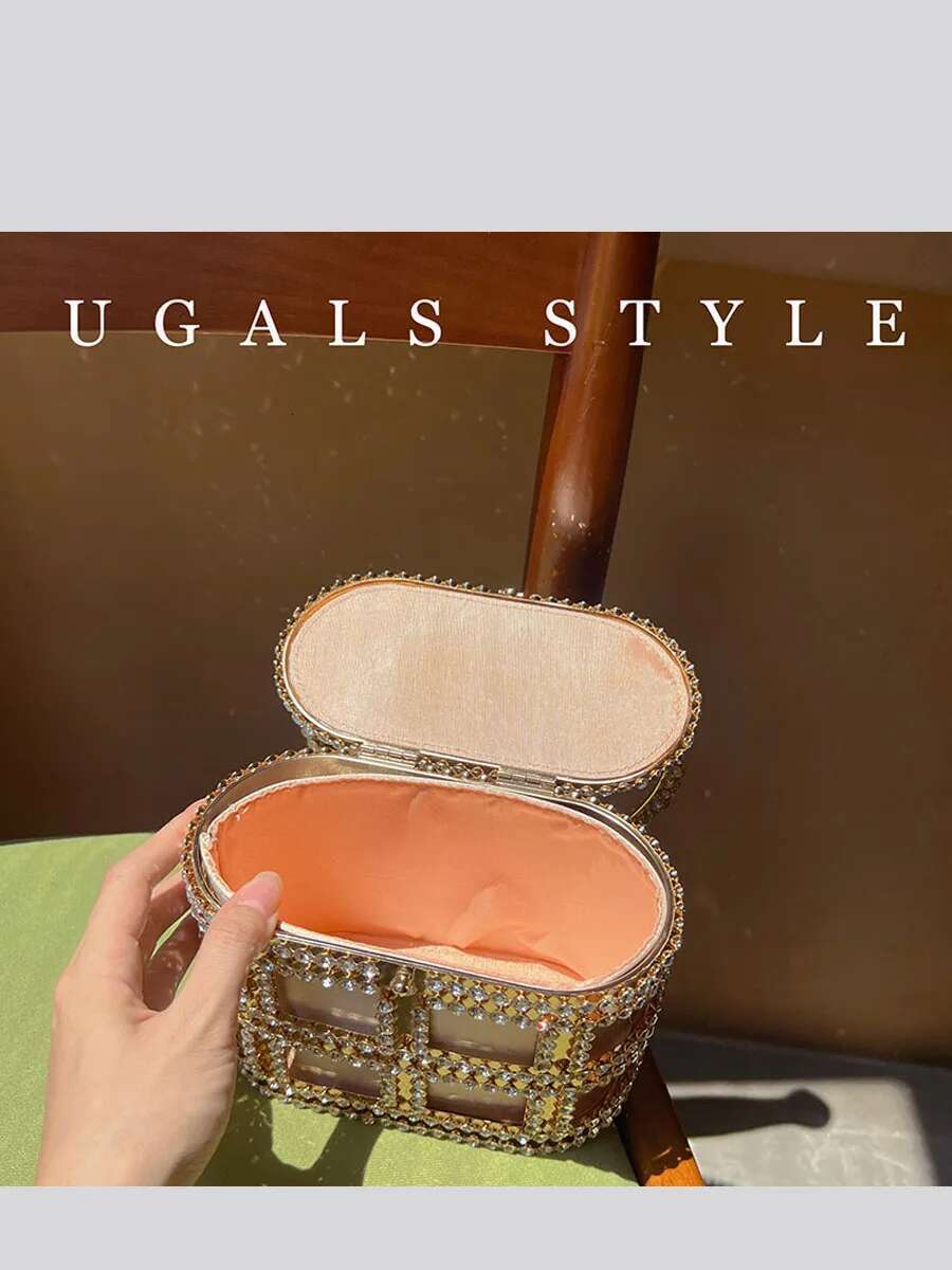 Hollow Out Evening Bucket Metal Cage Crystal Shiny Rhie Dia Wedding Party Clutch Purse Messenger Bag