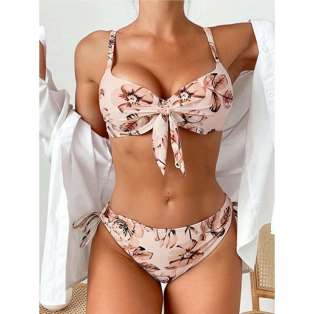 Women's wer Print Two Piece Swimsuit High Waist Lace-up V-neck Bikini Set Bow Suspender Backless Beach Vacation Swimwear 2024