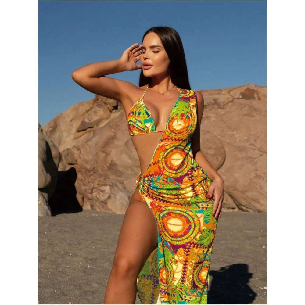 Sexy Leopard 3-piece Swimsuit Women 2023 Sunscreen Mesh Split Bikini Long Beakirt Triangle Cup Halter Backless Bathing Suit