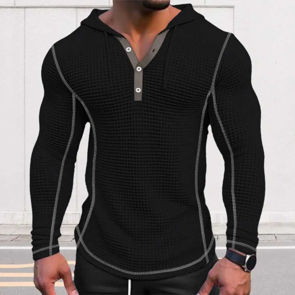 Breathable Waffle Fabric Sweatshirt Stylish Mens Waffle Cotton Hoodie Slim Fit Button Closing Breathable Long for Fashionable W251106
