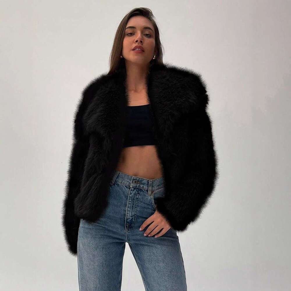 2025 New European and American Cross-Border Women's Fashion Short Faux Fur Coat Stylish Large Lapel Long Sleeve Warm Overcoat