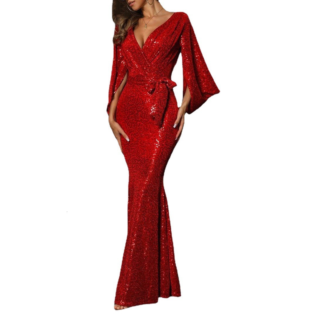 2025 Summer New Dress Sexy Slit Solid Color Sequin Long Floor Length Evening Gown