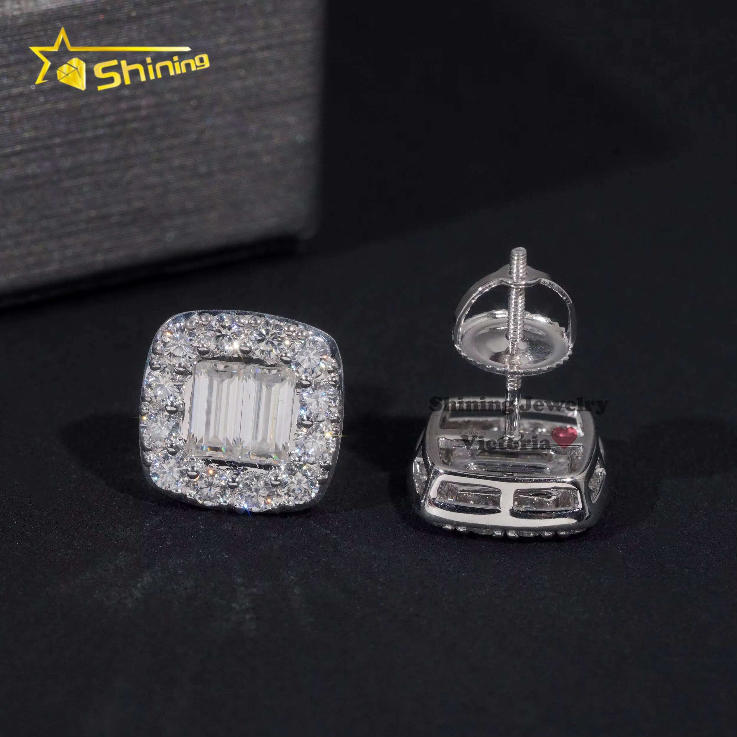 Halo Design Bageutte Stud 10K Soild Gold Mens Hip Hop VVS Moissanite Dia Earrings