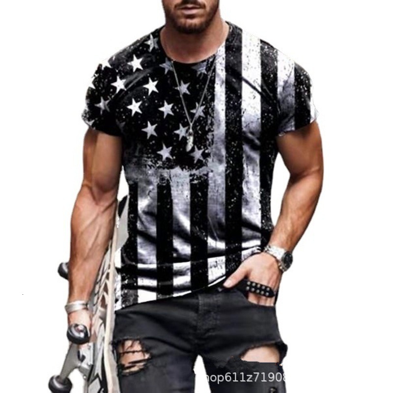 2025 New Mens Wear China-Chic Star Flag Printed Round Neck Pullover Short Sleeve T-shirt Top
