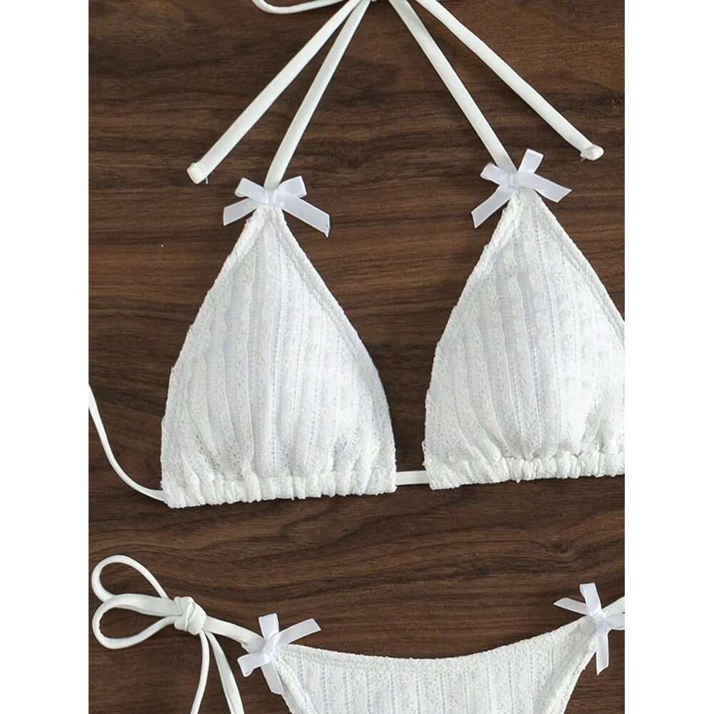 2025 New Solid Color White 2 Piece Swimsuit Sexy Bow Triangle Halter Backless Bikini Set Lace-up Thong Bathing Suit Swimwear