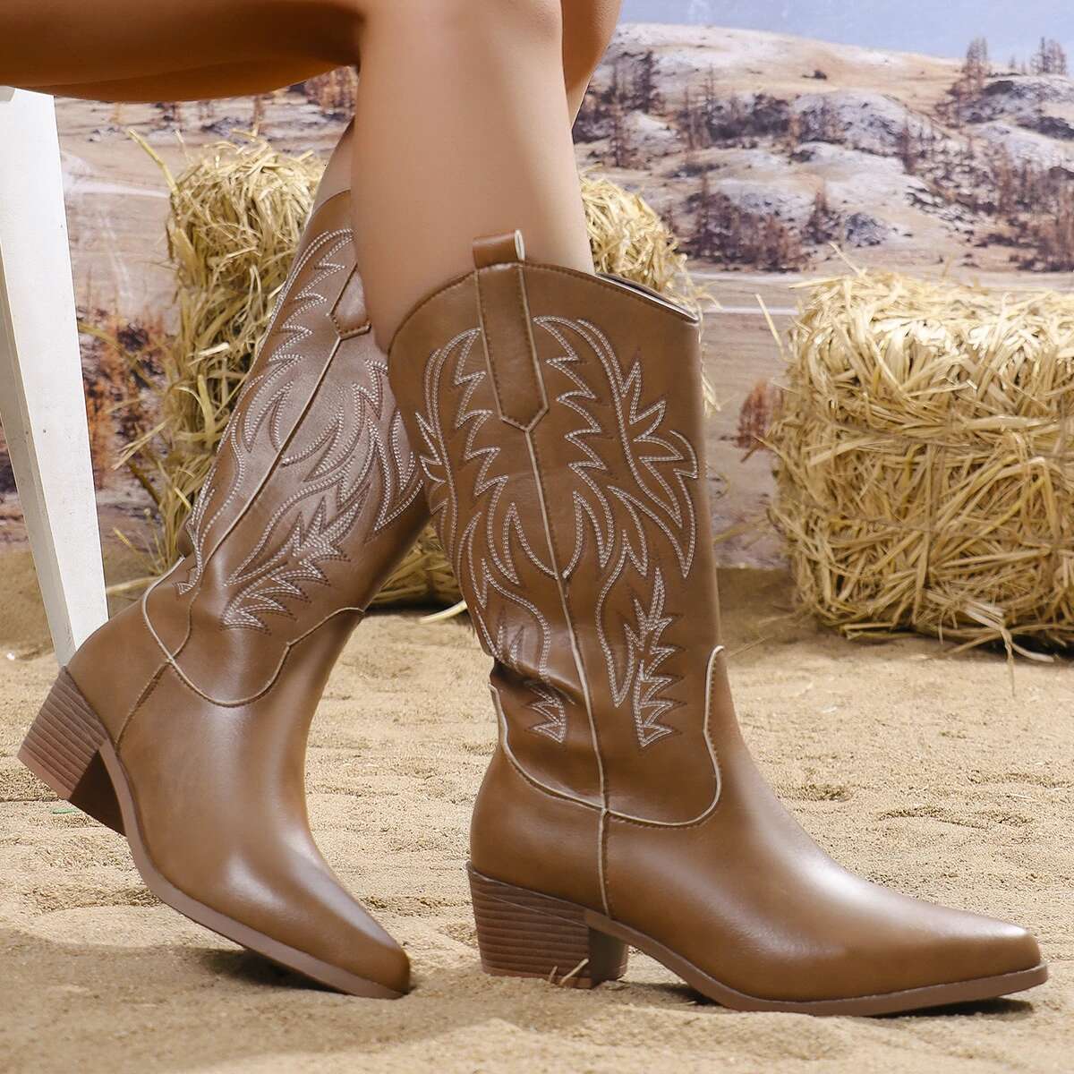 Plus Size 43 High Quality Block Heels Mid-Calf White Cowboy Women Vintage Country Concert Western Boots Shoes