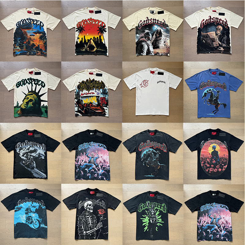godspeed designer t shirt classic graphic tee mens shirt Vintage printed skull short sleeve wash water to make old cotton short sleeve new