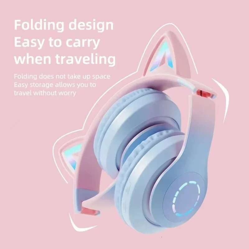 Cute Cat Light Headphones Wireless Bluetooth Earphone with HD Mic Hifi Stereo Music Gamer Headsets gifts for kids