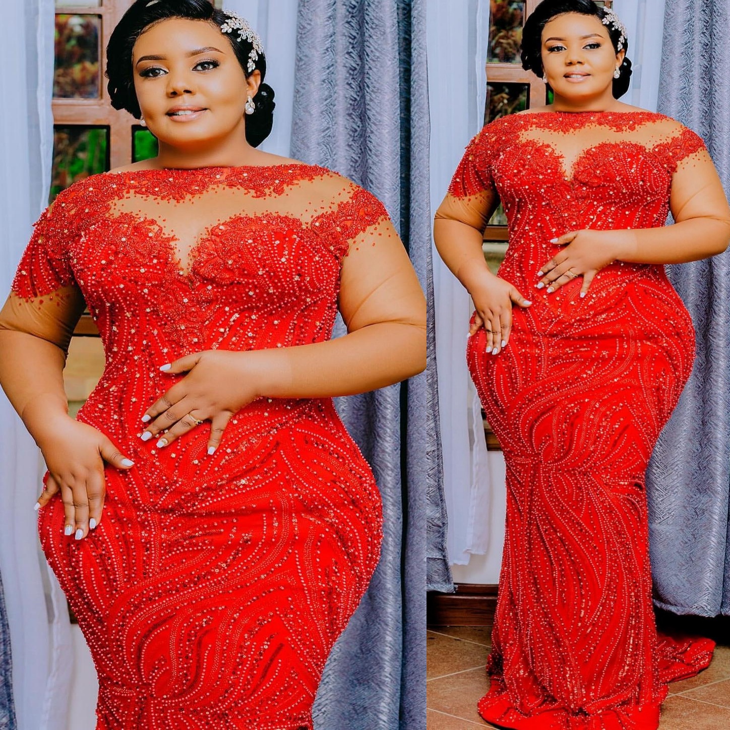 Red Mermaid Prom Dresses 2026 Beaded Crystals Sheer neck Sequined Evening Formal Party Second Birthday Engagement Gowns Plus Size Dress For Special Oc