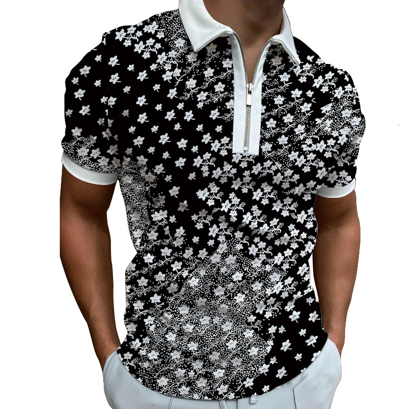 Spring mens printed fashionable casual fashion polyester short sleeved zipper polo shirt mens T-shirt