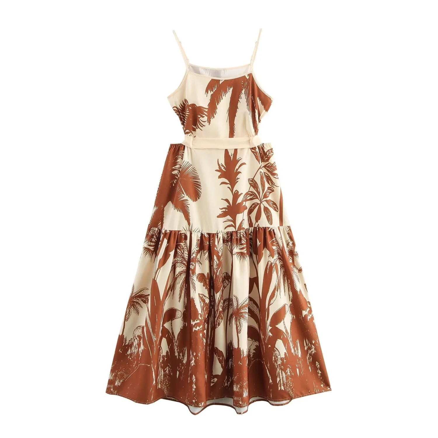 Ladies Maxi dress with tropical plant print and waistband suitable for summer vacation beach wear in 250401