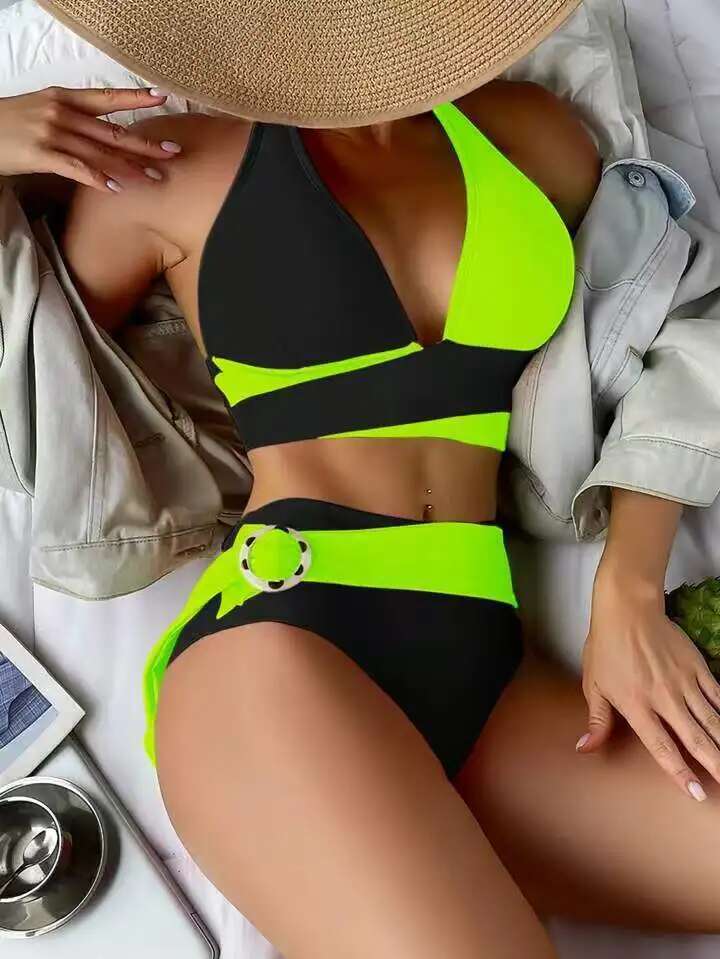 Sexy Hot Pink Patchwork Bikini Set 2025 Women Bandage Cross Buckle Belt High Waist Swimsuit Beach Bathing Suit 2 Piece Swimwear