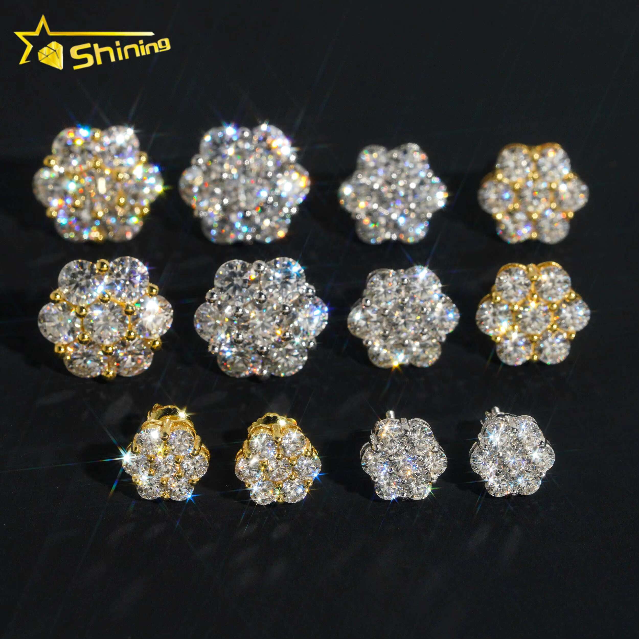 Hot Selling Trendy Sparkle Lab Grown Diamond 10k Yellow Gold Cluster Flower Mens Moissanite Earring