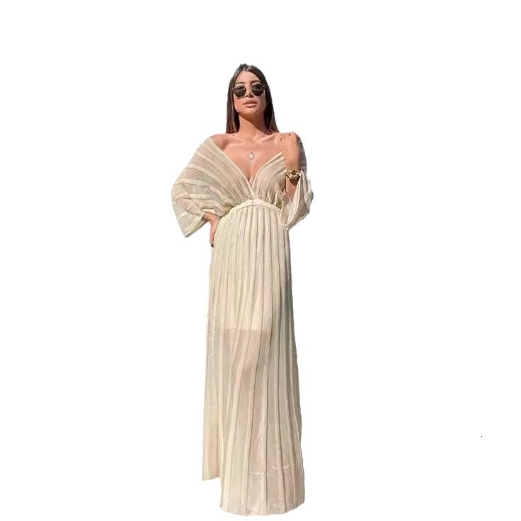 2025 New Womens Dress White V-neck Shawl Sleeve Dress