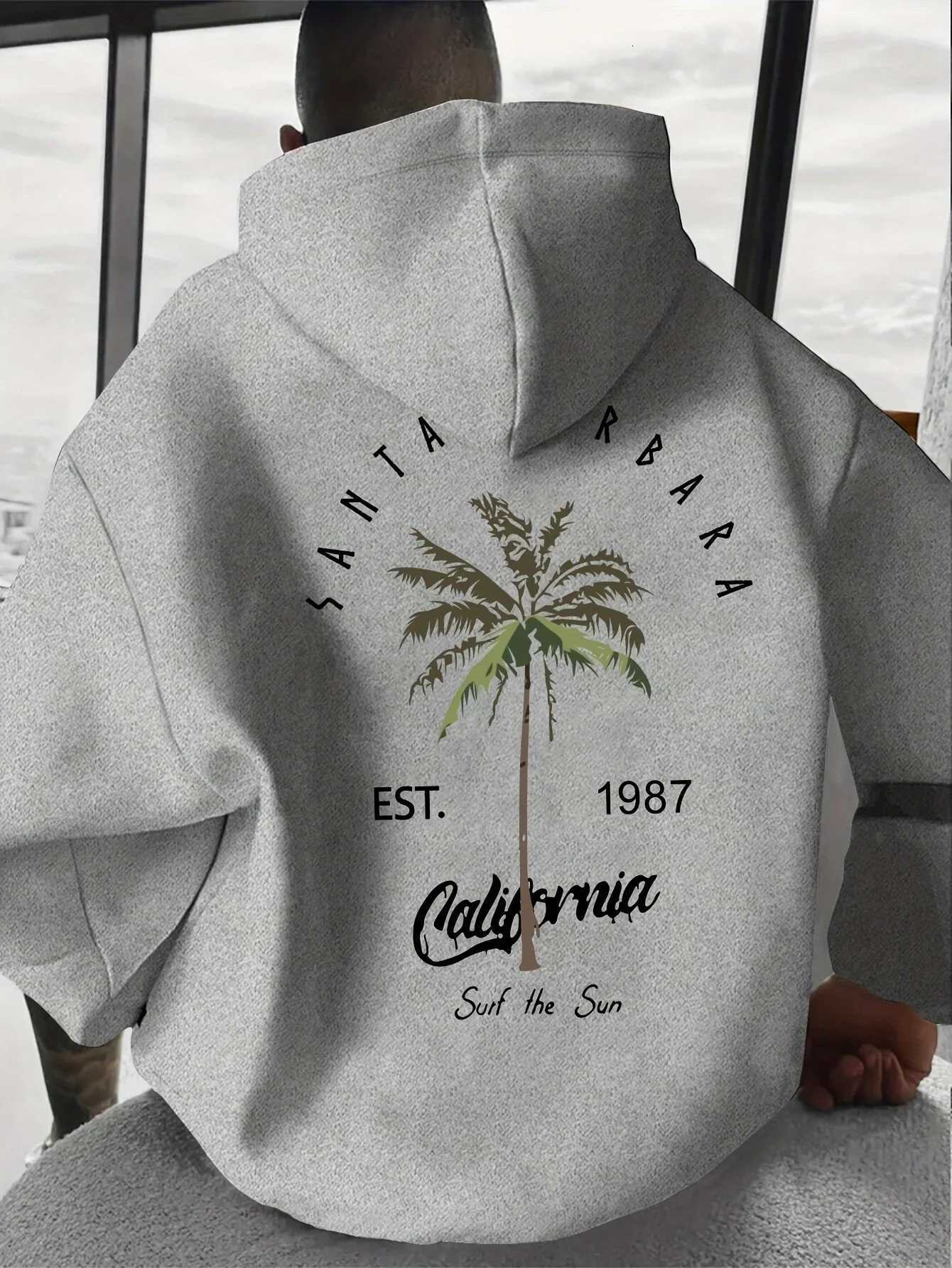 Mens Casual Tropical Palm Tree Print Hooded Sweatshirt with a Loose Fit and Pockets Comfortable Sports Top W251106
