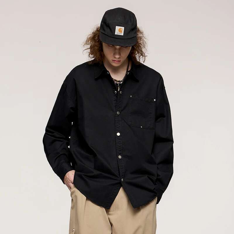 Men's Shirts 100% Cotton Vintage Solid Color Turn-Down Collar Male Shirt Jacket