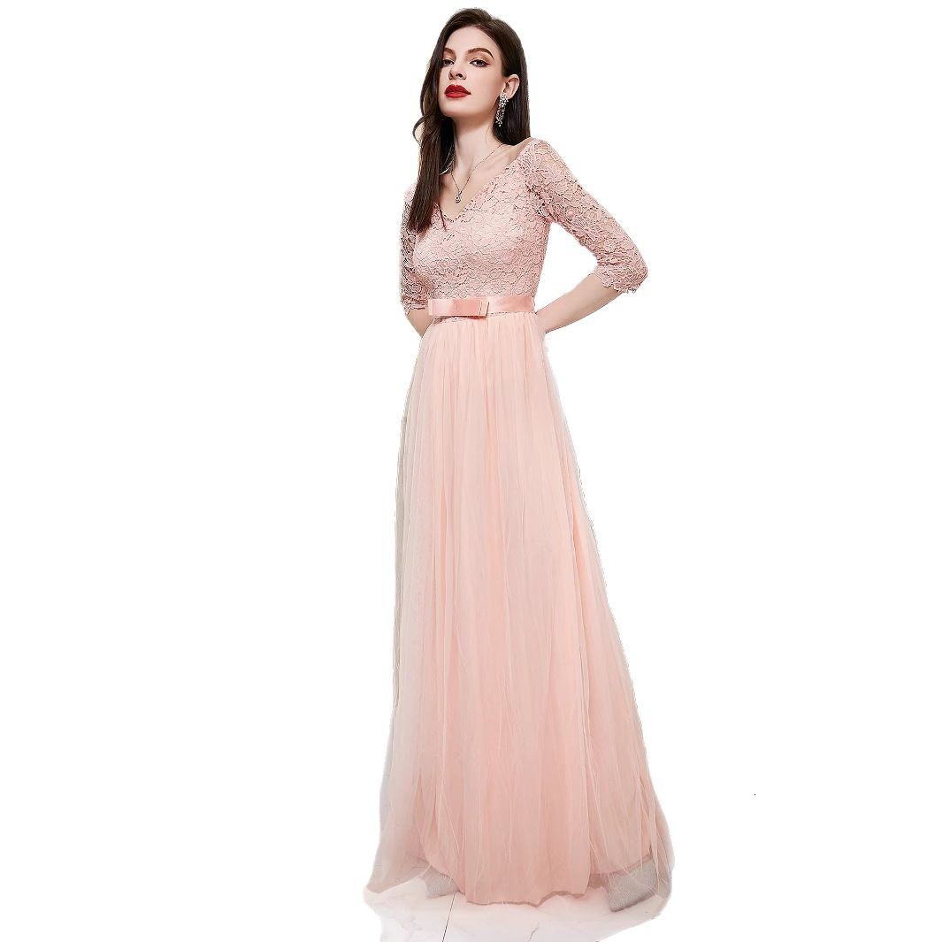New Solid Color Off-Shoulder Slim Elegant Long Mesh V-Neck Evening Dress 250829