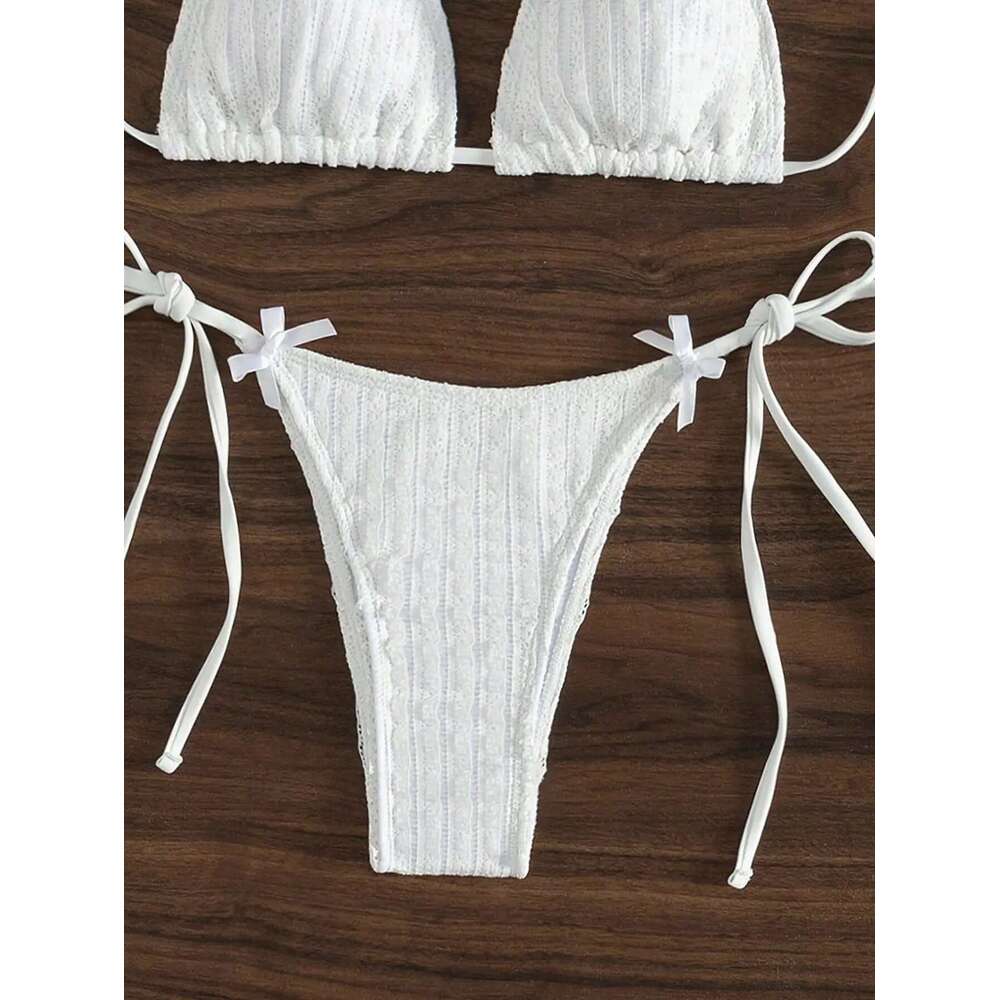 2025 New Solid Color White 2 Piece Swimsuit Sexy Bow Triangle Halter Backless Bikini Set Lace-up Thong Bathing Suit Swimwear