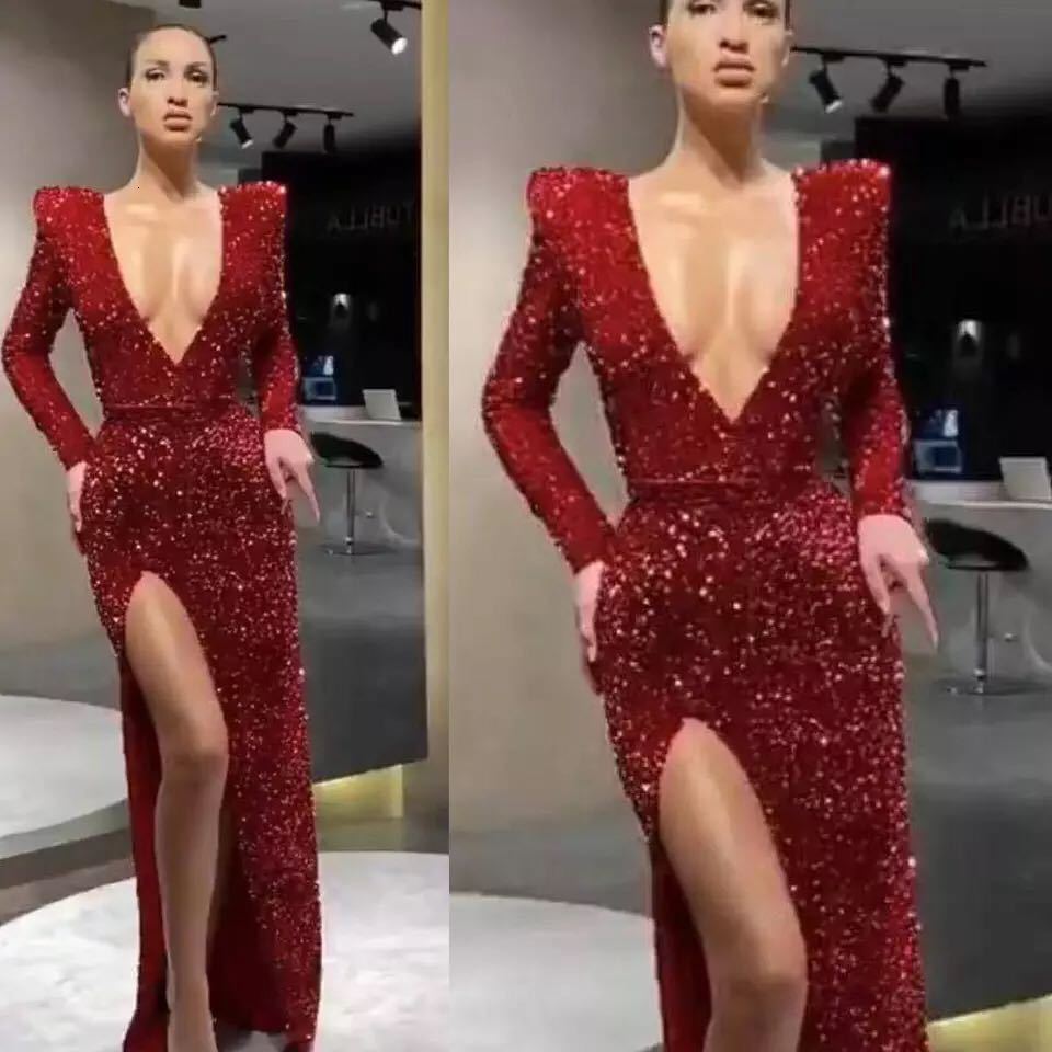 2025 Womens Sexy Deep V-long Sleeved Slim Sequined Dress with Slit Skirt Ins