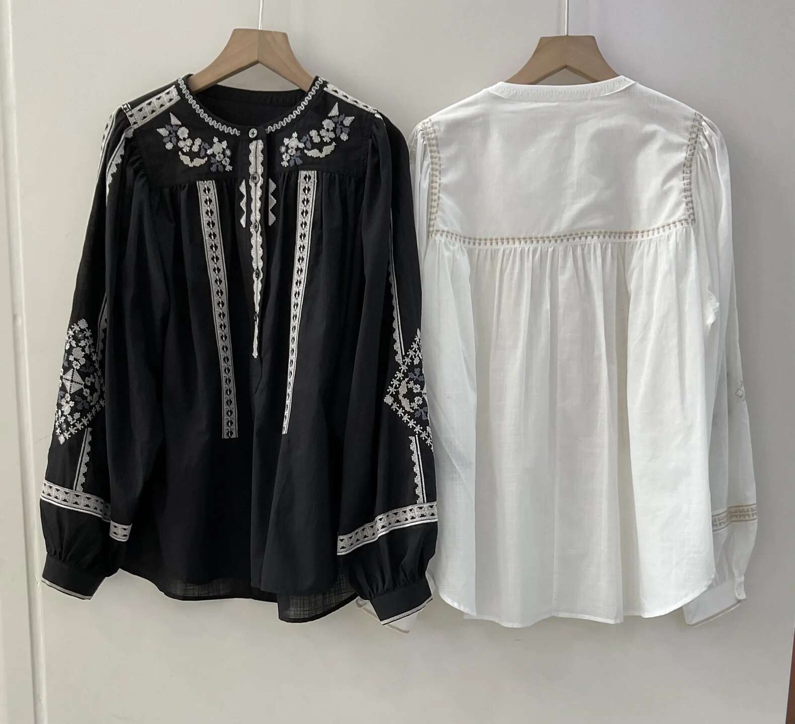 Embroidery Women White Green Black Shirt 100% Cotton Vintage Long Lantern Sleeve Front Buttons Lady O-neck Blouse