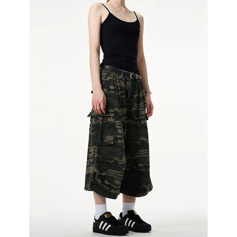 Womens short jeans green camouflage American retro Y2K straight street clothing wide leg pants high waisted womens summer denim shorts 250402