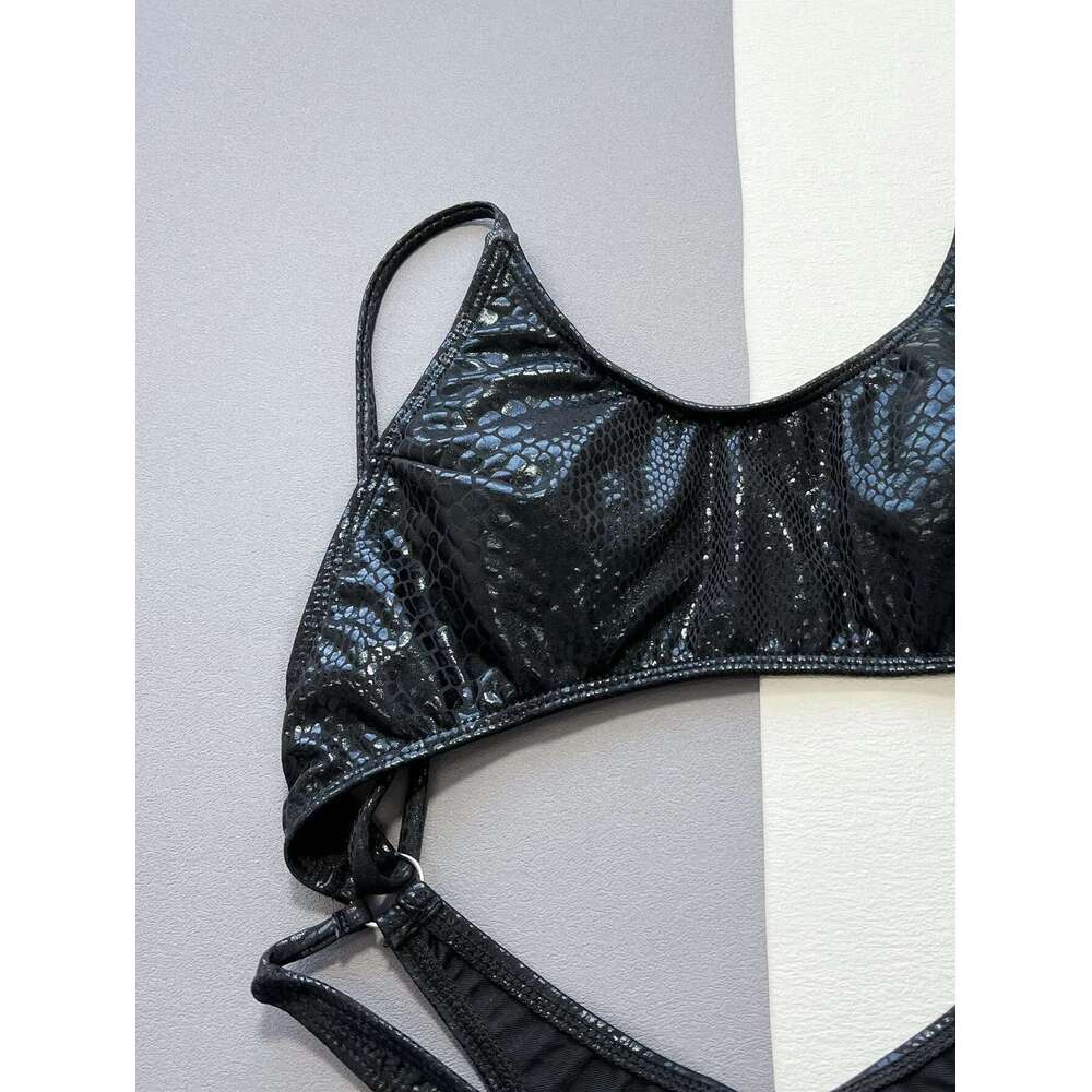 Black Shiny One Piece Swimsuit for Women,U-neck Hollow Out Bikini,Suspender Backless Summer Beach Monokini,2025 New Swimwear